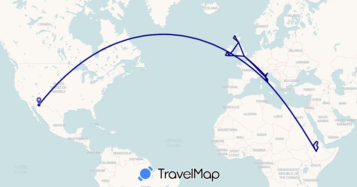TravelMap itinerary: driving in Ethiopia, United Kingdom, Ireland, Italy, United States (Africa, Europe, North America)